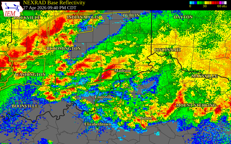 NEXRAD radar during the Monday, April 27, 2026 storm activity in Scott County, Indiana