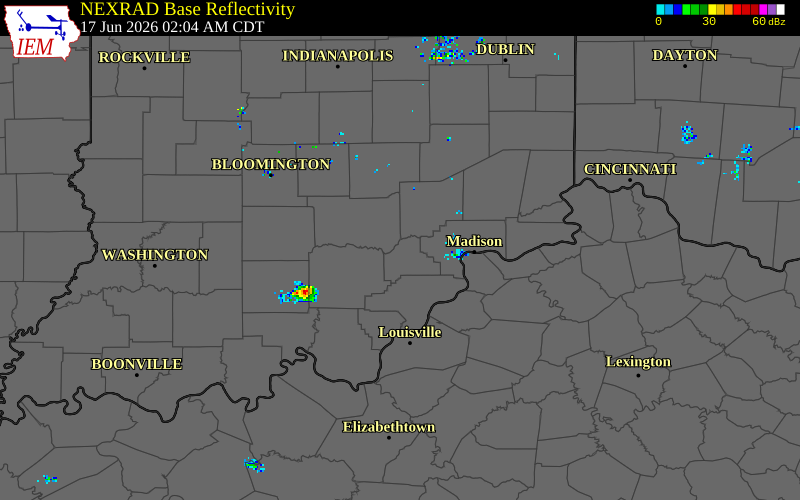 NEXRAD radar during the Wednesday, June 17, 2026 storm activity in Scott County, Indiana