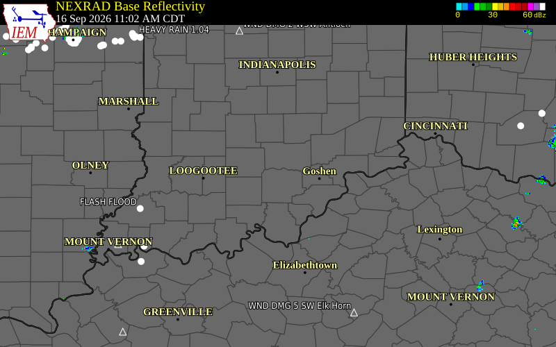 Current NEXRAD radar over Scott County, Indiana with recent storm report locations