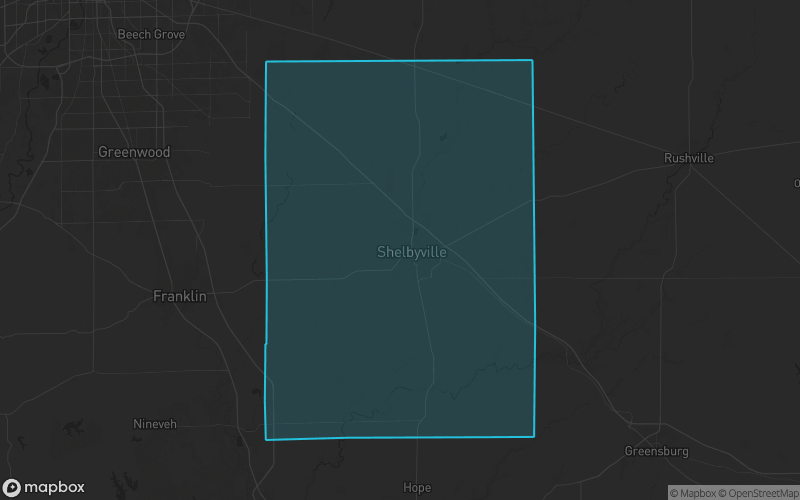 Map of Shelby County, Indiana showing the county boundary and surrounding cities