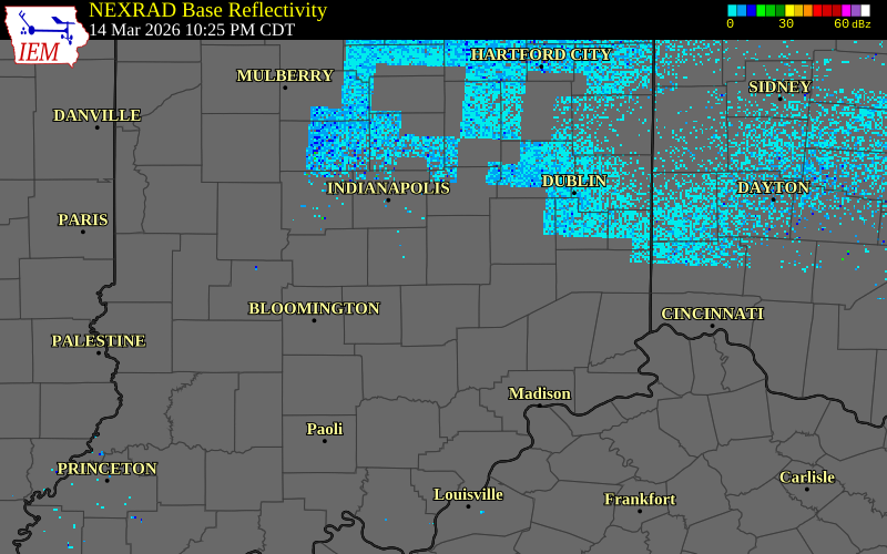 NEXRAD radar during the Saturday, March 14, 2026 storm activity in Shelby County, Indiana