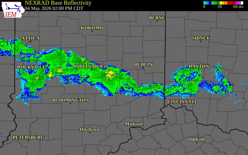 NEXRAD radar during the Monday, May 4, 2026 storm activity in Shelby County, Indiana