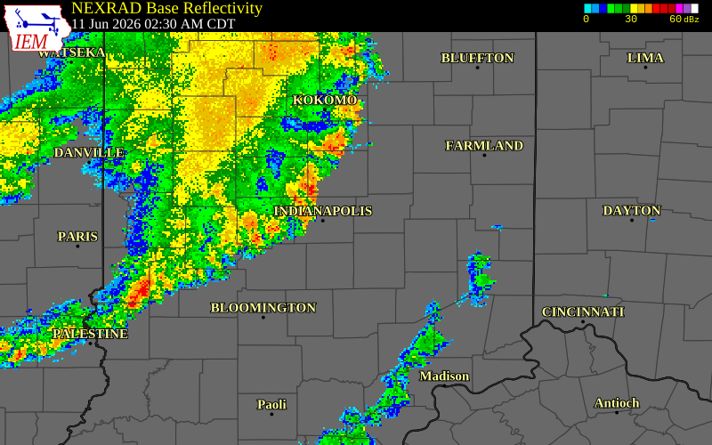 NEXRAD radar during the Thursday, June 11, 2026 storm activity in Shelby County, Indiana