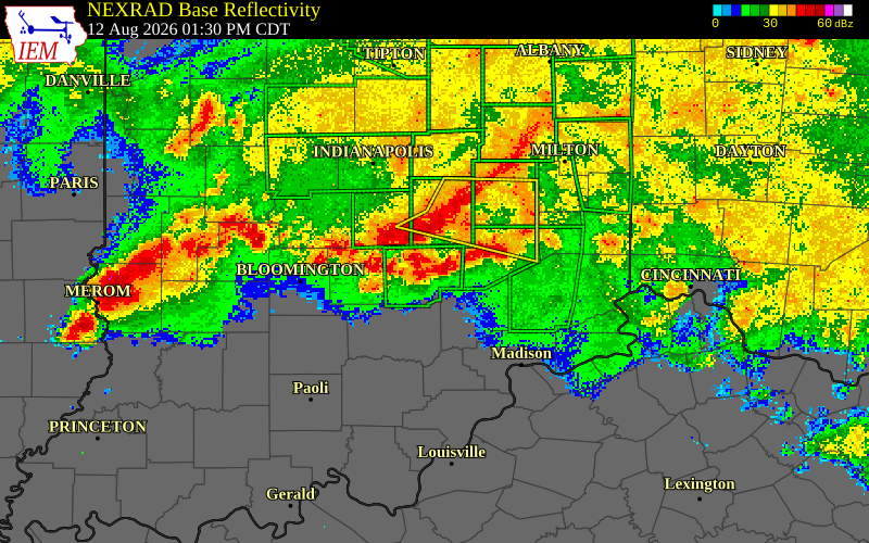 NEXRAD radar during the Wednesday, August 12, 2026 storm activity in Shelby County, Indiana