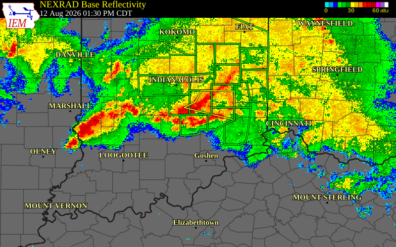 Radar snapshot during the Aug 12, 2026 wind event near Shelby County, Shelby County, Indiana, with NWS warning polygons