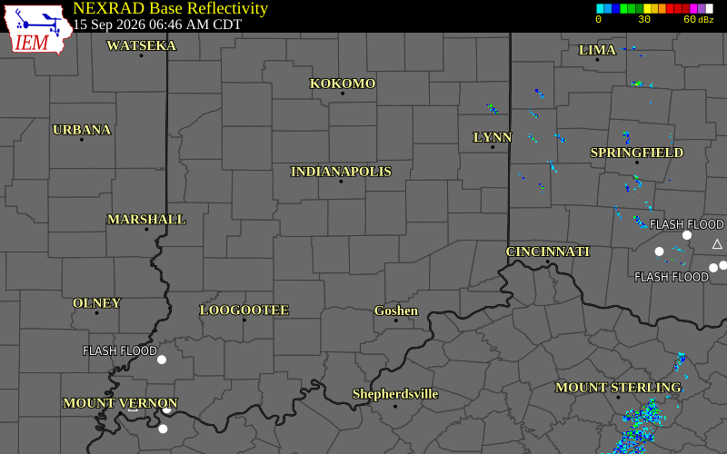 Current NEXRAD radar over Shelby County, Indiana with recent storm report locations