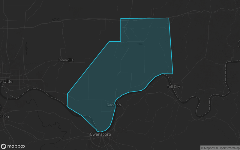 Map of Spencer County, Indiana showing the county boundary and surrounding cities