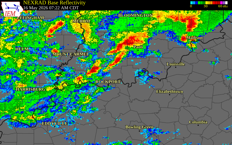 NEXRAD radar during the Saturday, May 16, 2026 storm activity in Spencer County, Indiana