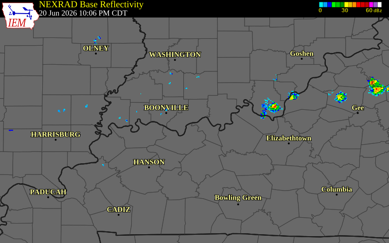 NEXRAD radar during the Saturday, June 20, 2026 storm activity in Spencer County, Indiana