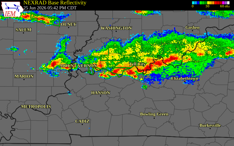NEXRAD radar during the Thursday, June 25, 2026 storm activity in Spencer County, Indiana