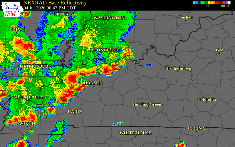NEXRAD radar during the Saturday, July 4, 2026 storm activity in Spencer County, Indiana