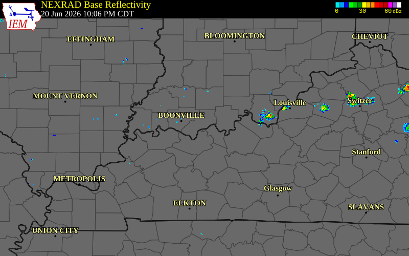 Radar snapshot during the Jun 20, 2026 tornado event near 2 ENE Grandview, Spencer County, Indiana, with NWS warning polygons