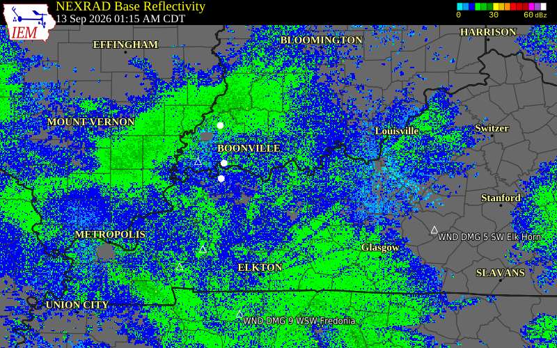 Current NEXRAD radar over Spencer County, Indiana with recent storm report locations