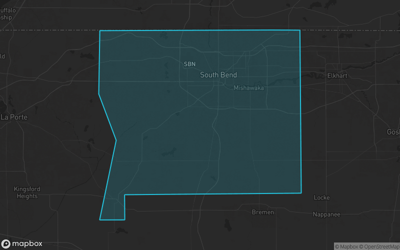 Map of St. Joseph County, Indiana showing the county boundary and surrounding cities