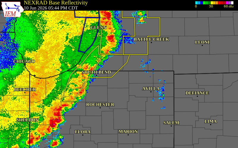 NEXRAD radar during the Wednesday, June 10, 2026 storm activity in St. Joseph County, Indiana