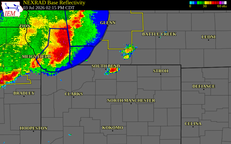 NEXRAD radar during the Friday, July 3, 2026 storm activity in St. Joseph County, Indiana