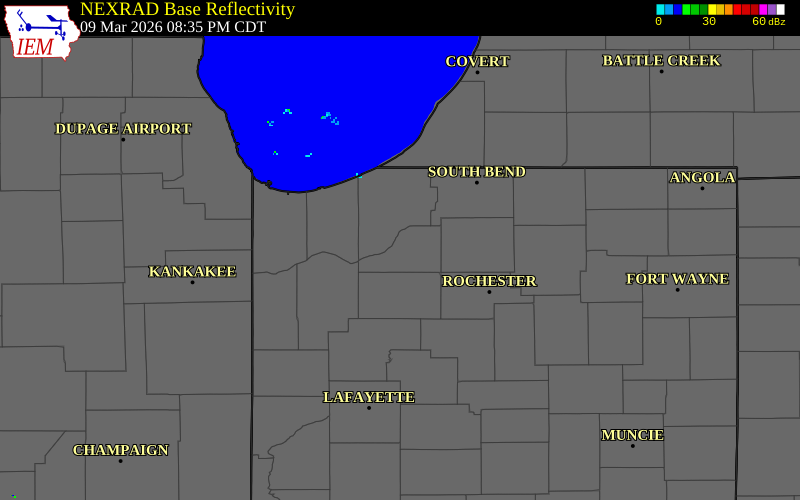 NEXRAD radar during the Monday, March 9, 2026 storm activity in Starke County, Indiana