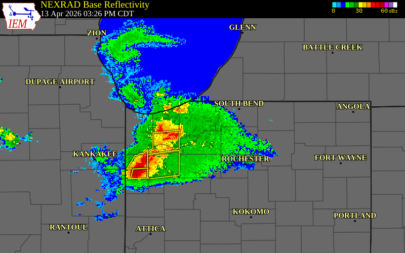 NEXRAD radar during the Monday, April 13, 2026 storm activity in Starke County, Indiana