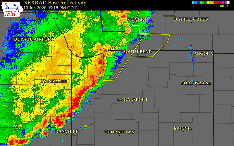 NEXRAD radar during the Wednesday, June 10, 2026 storm activity in Starke County, Indiana