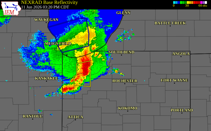 NEXRAD radar during the Thursday, June 11, 2026 storm activity in Starke County, Indiana
