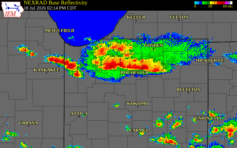 NEXRAD radar during the Saturday, July 18, 2026 storm activity in Starke County, Indiana