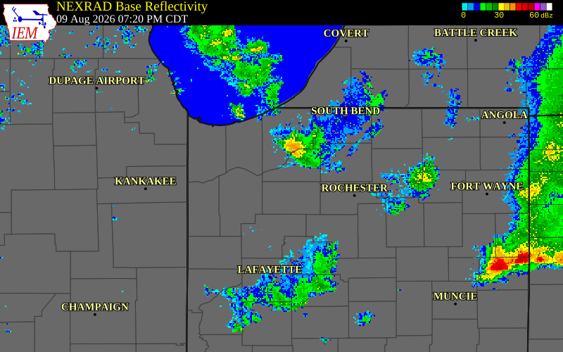 NEXRAD radar during the Sunday, August 9, 2026 storm activity in Starke County, Indiana
