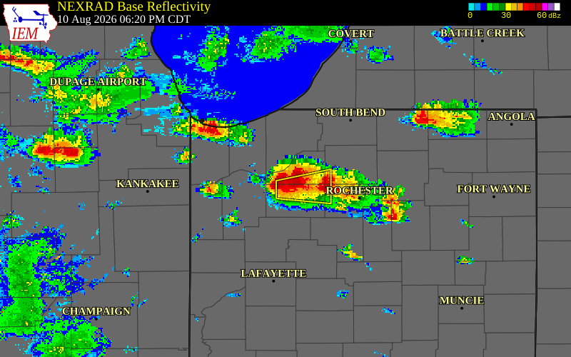 NEXRAD radar during the Monday, August 10, 2026 storm activity in Starke County, Indiana