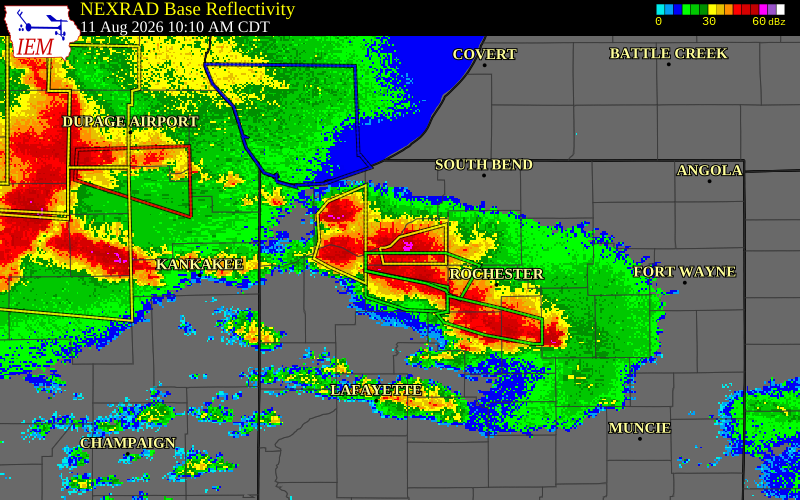 NEXRAD radar during the Tuesday, August 11, 2026 storm activity in Starke County, Indiana