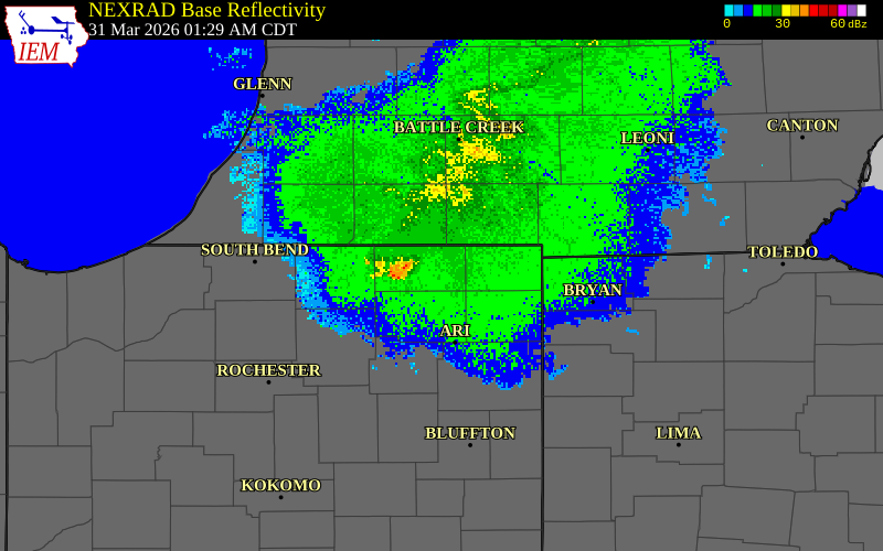 NEXRAD radar during the Tuesday, March 31, 2026 storm activity in Steuben County, Indiana