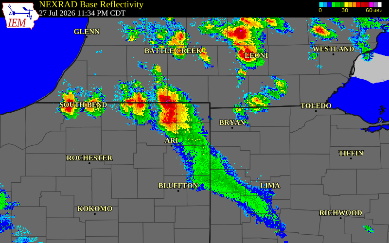 NEXRAD radar during the Tuesday, July 28, 2026 storm activity in Steuben County, Indiana