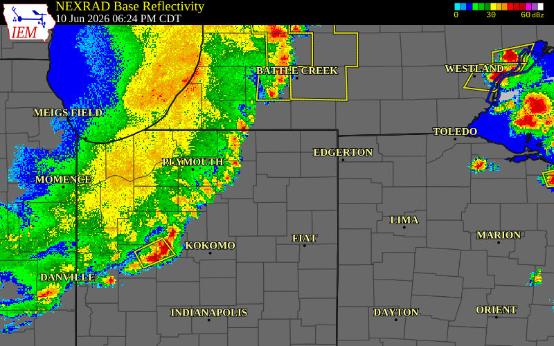 Radar snapshot during the Jun 10, 2026 wind event near Steuben County, Steuben County, Indiana, with NWS warning polygons