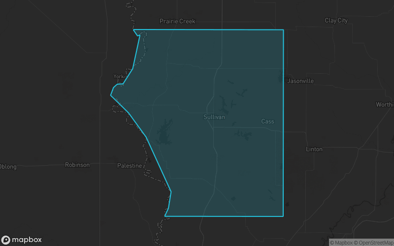Map of Sullivan County, Indiana showing the county boundary and surrounding cities