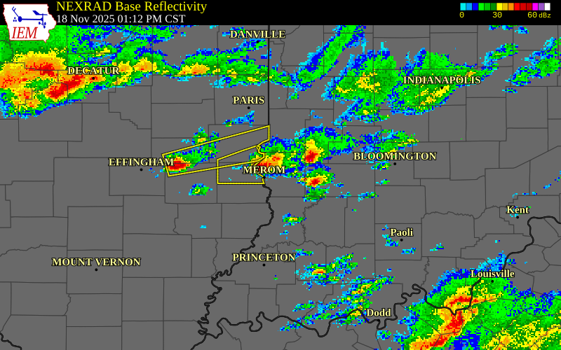 NEXRAD radar during the Tuesday, November 18, 2025 storm activity in Sullivan County, Indiana