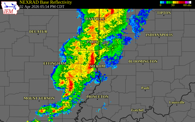 NEXRAD radar during the Thursday, April 2, 2026 storm activity in Sullivan County, Indiana