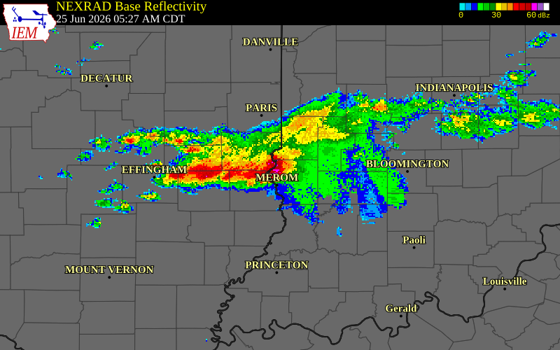 NEXRAD radar during the Thursday, June 25, 2026 storm activity in Sullivan County, Indiana