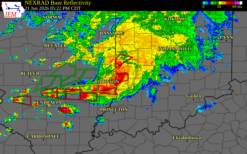 Radar snapshot during the Jun 21, 2026 tornado event near 3 ENE Shelburn, Sullivan County, Indiana, with NWS warning polygons