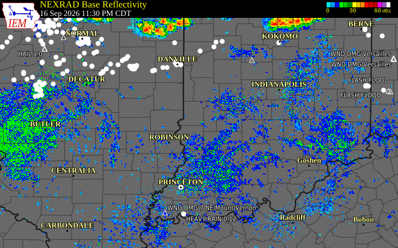 Current NEXRAD radar over Sullivan County, Indiana with recent storm report locations
