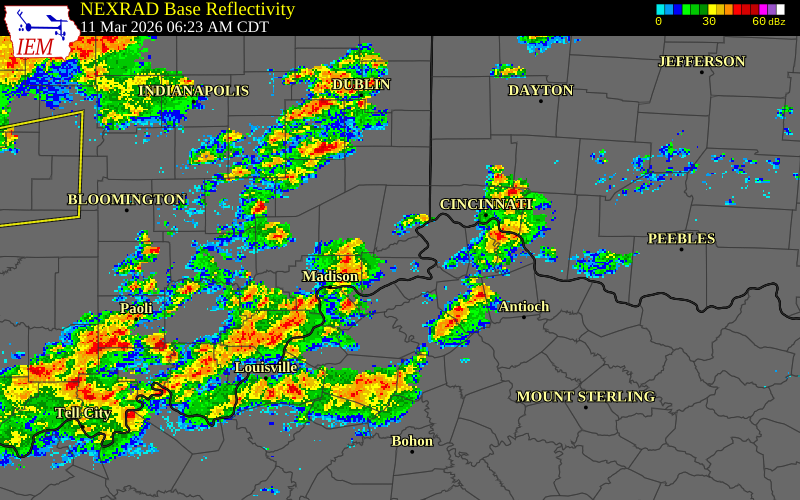 NEXRAD radar during the Wednesday, March 11, 2026 storm activity in Switzerland County, Indiana