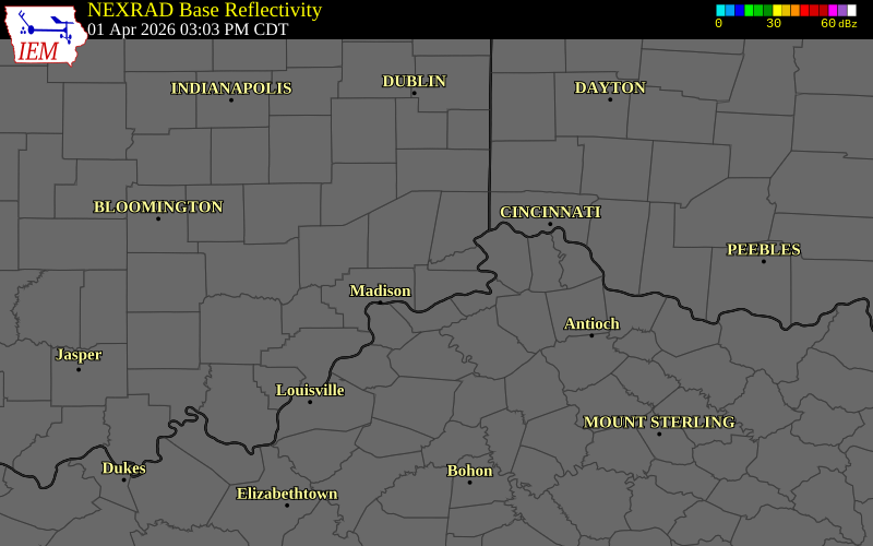 NEXRAD radar during the Wednesday, April 1, 2026 storm activity in Switzerland County, Indiana