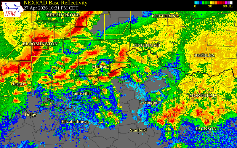 NEXRAD radar during the Monday, April 27, 2026 storm activity in Switzerland County, Indiana