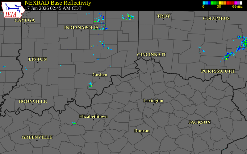 Radar snapshot during the Jun 17, 2026 tornado event near 6 WSW Vevay, Switzerland County, Indiana, with NWS warning polygons