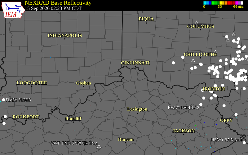 Current NEXRAD radar over Switzerland County, Indiana with recent storm report locations