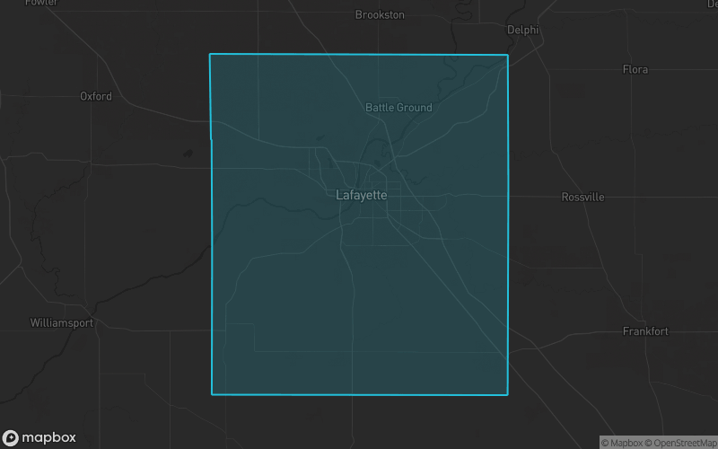 Map of Tippecanoe County, Indiana showing the county boundary and surrounding cities