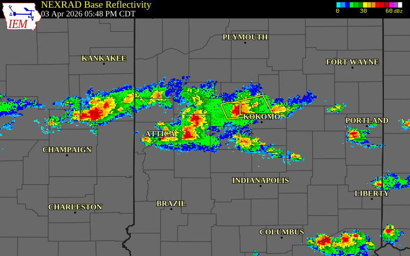 NEXRAD radar during the Friday, April 3, 2026 storm activity in Tippecanoe County, Indiana