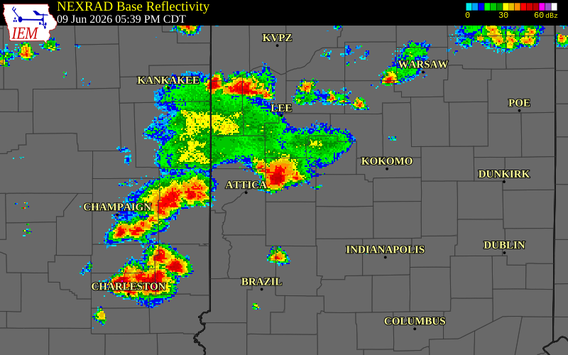 NEXRAD radar during the Tuesday, June 9, 2026 storm activity in Tippecanoe County, Indiana