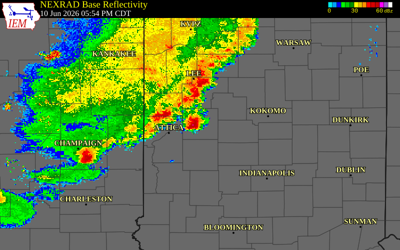 NEXRAD radar during the Wednesday, June 10, 2026 storm activity in Tippecanoe County, Indiana
