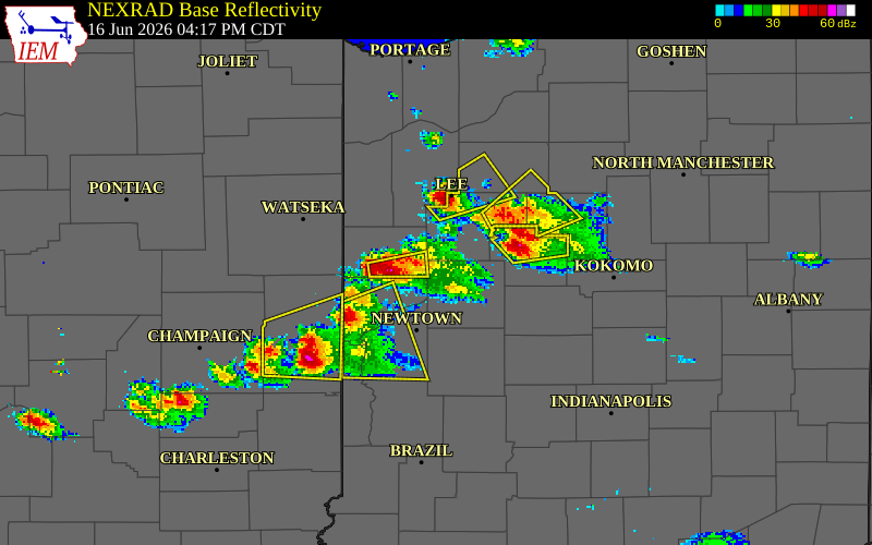 NEXRAD radar during the Tuesday, June 16, 2026 storm activity in Tippecanoe County, Indiana