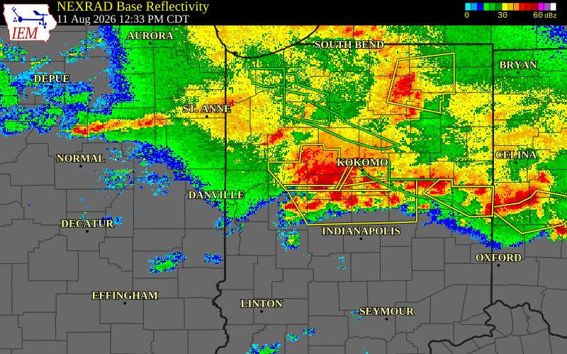 Radar snapshot during the Aug 11, 2026 wind event near 2 SW Purdue University, Tippecanoe County, Indiana, with NWS warning polygons