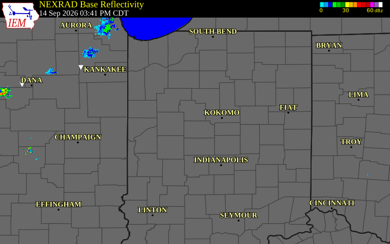 Current NEXRAD radar over Tippecanoe County, Indiana with recent storm report locations