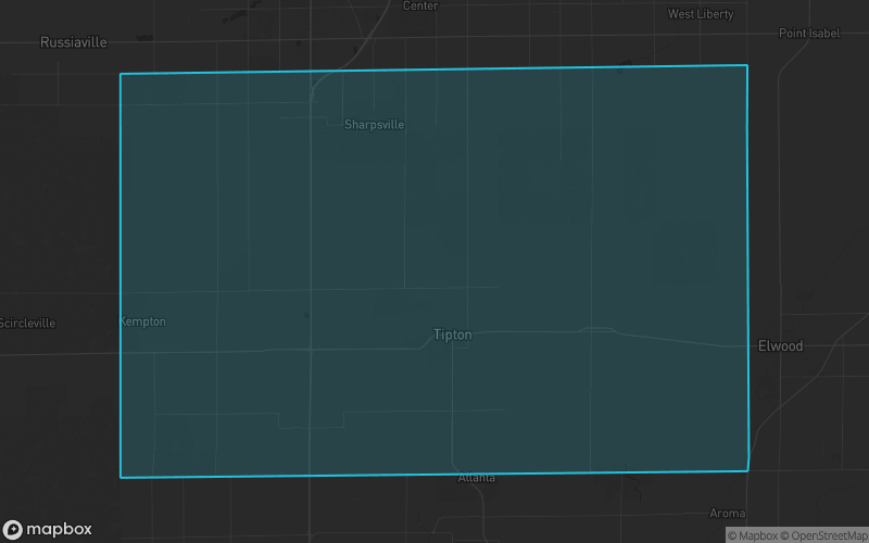 Map of Tipton County, Indiana showing the county boundary and surrounding cities